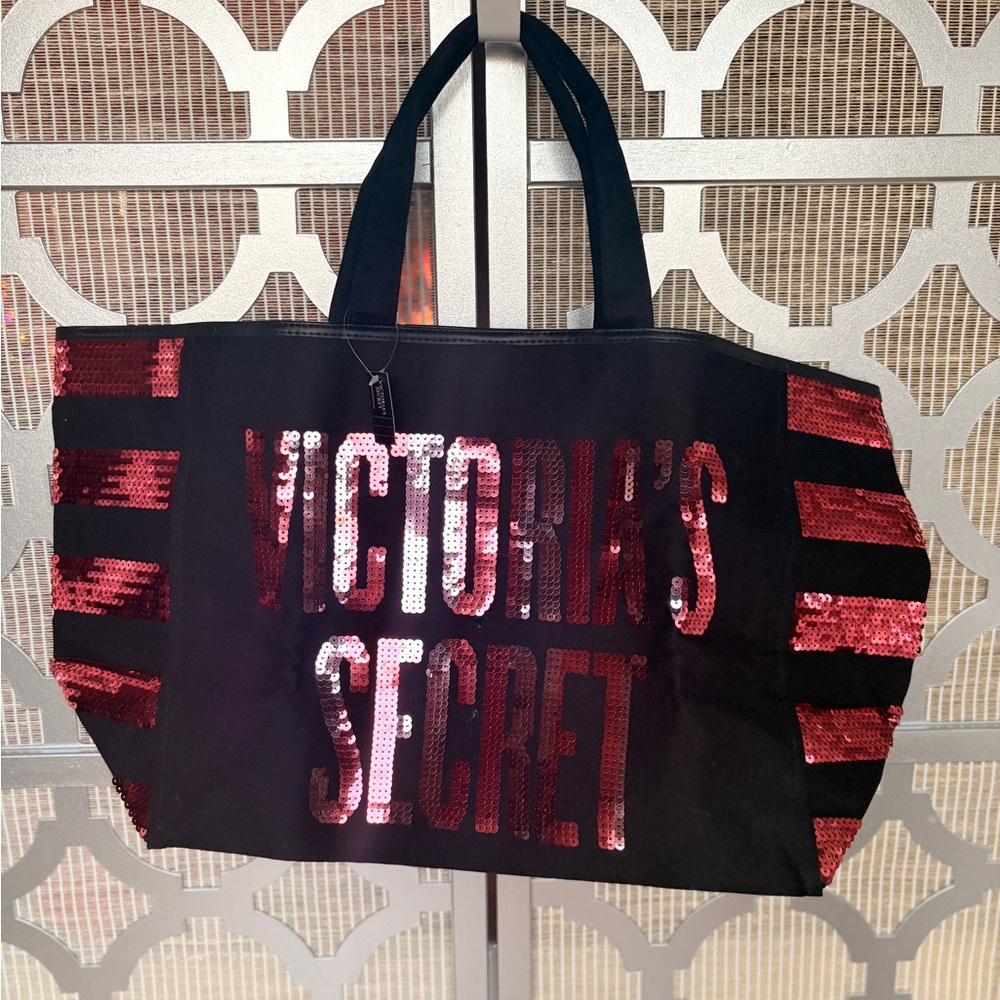 NWT Victoria's Secret Black Tote with Pink Sequins